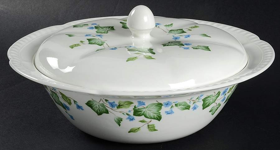 Vintage (Newer, Green Ivy, Blue Flowers) Round Covered Vegetable by Johnson Brothers-1