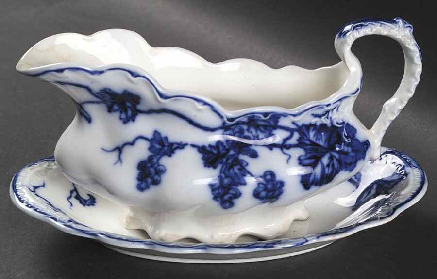 Warwick (Flow Blue) Gravy Boat & Underplate/Relish by Johnson Brothers-1