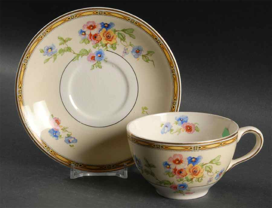 Watteau (Yellow Ovals Border) Flat Cup & Saucer Set by Johnson Brothers-1