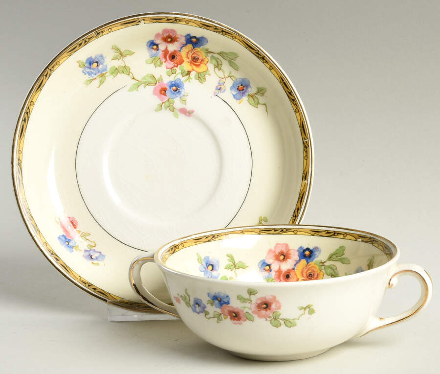 Watteau (Tan Scrolls & Dots Border) Flat Cream Soup Bowl & Saucer Set by Johnson Brothers-1