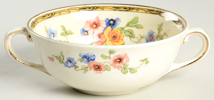 Watteau (Tan Scrolls & Dots Border) Flat Cream Soup Bowl by Johnson Brothers-1