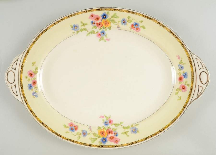 Watteau (Tan Scrolls & Dots Border) 13" Oval Serving Platter by Johnson Brothers-1