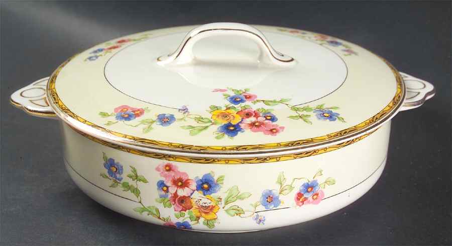Watteau (Tan Scrolls & Dots Border) Round Covered Vegetable by Johnson Brothers-1