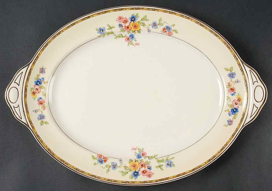 Watteau (Tan Scrolls & Dots Border) 16" Oval Serving Platter by Johnson Brothers-1