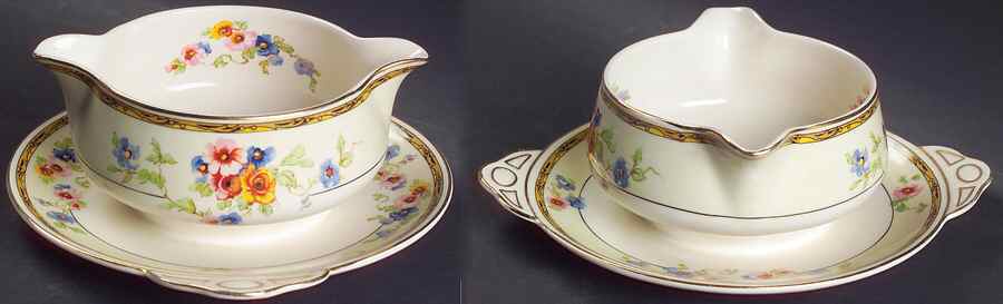 Watteau (Tan Scrolls & Dots Border) Gravy Boat with Attached Underplate by Johnson Brothers-1