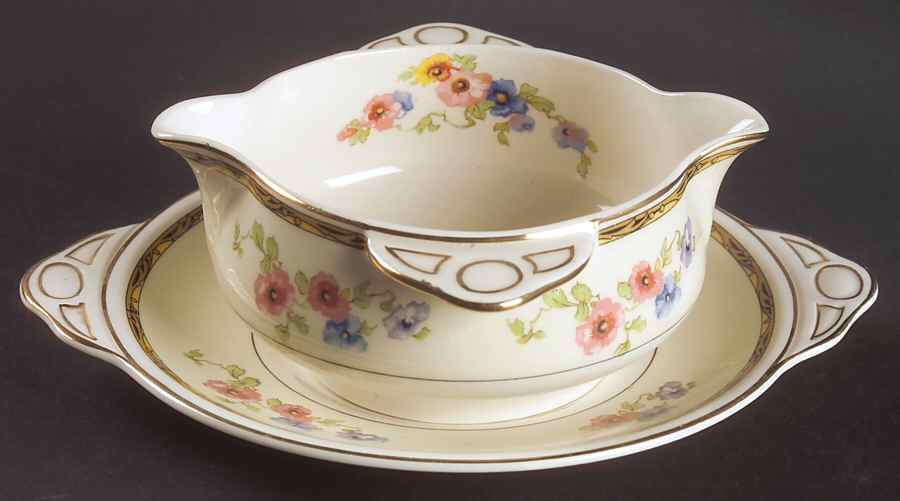 Watteau (Tan Scrolls & Dots Border) Gravy Boat & Underplate by Johnson Brothers-1
