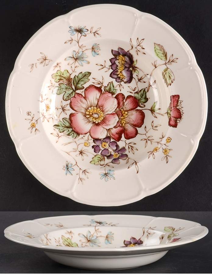 Windsor Flowers Brown Multicolor Rim Soup Bowl by Johnson Brothers-1