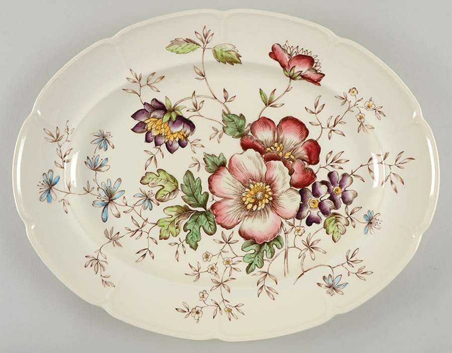 Windsor Flowers Brown Multicolor 16" Oval Serving Platter by Johnson Brothers-1