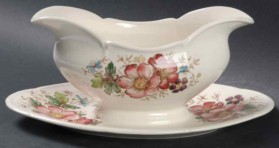 Windsor Flowers Brown Multicolor Gravy Boat with Attached Underplate by Johnson Brothers-1