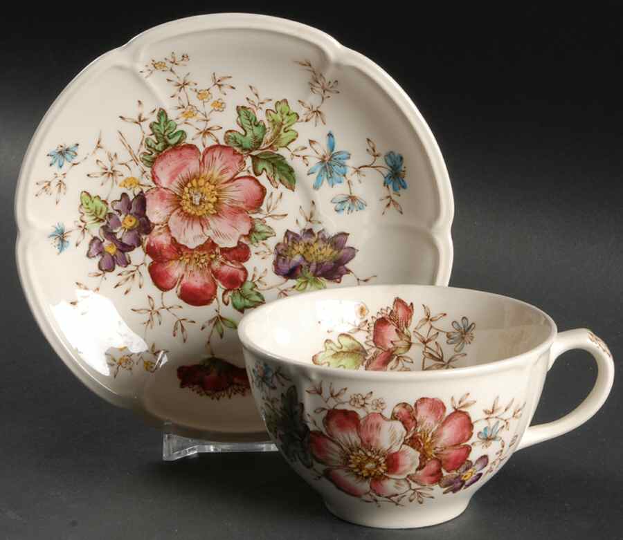 Windsor Flowers Brown Multicolor Flat Cup & Saucer Set by Johnson Brothers-1