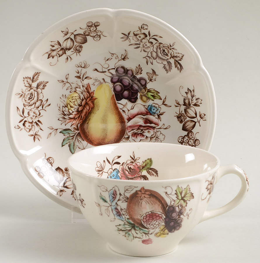 Windsor Fruit (Georgian, Ribbed Border) Flat Cup & Saucer Set by Johnson Brothers-1