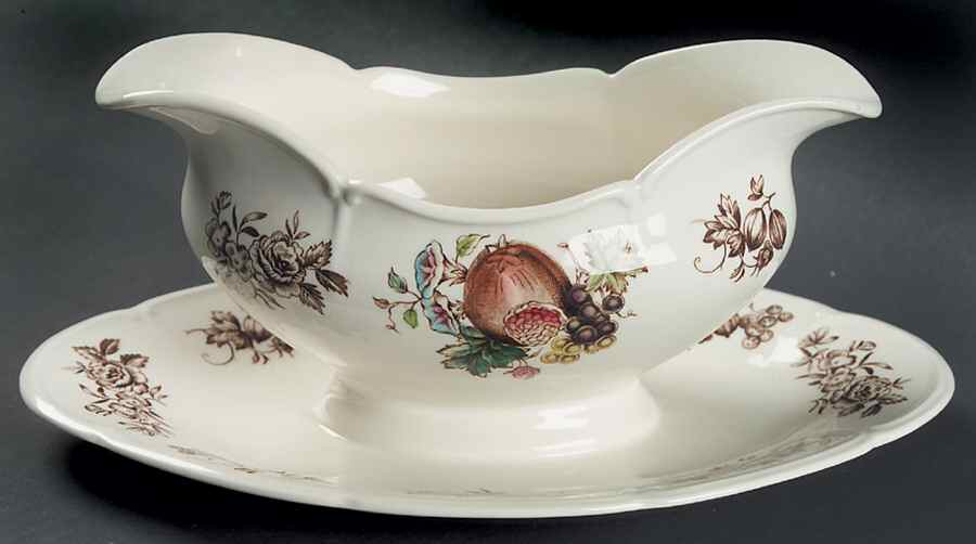 Windsor Fruit (Georgian, Ribbed Border) Gravy Boat with Attached Underplate by Johnson Brothers-1