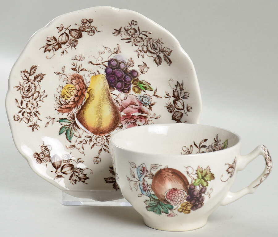 Windsor Fruit (Old Chelsea, Swirl Border) Flat Cup & Saucer Set by Johnson Brothers-1