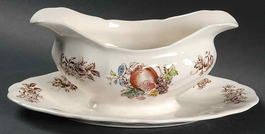Windsor Fruit (Old Chelsea, Swirl Border) Gravy Boat with Attached Underplate by Johnson Brothers-1