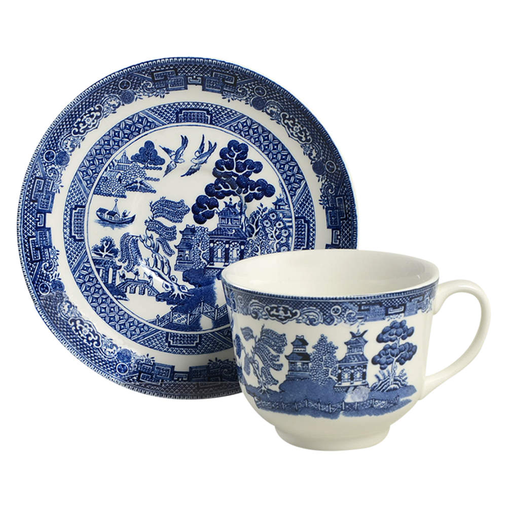 Willow Blue (Made in England, Earthenware, Newer) Flat Cup & Saucer Set by Johnson Brothers-1