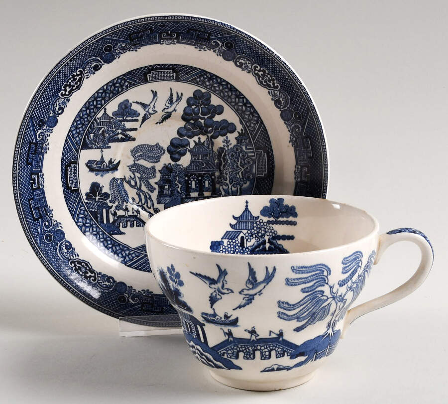 Willow Blue (Made in England, Earthenware, Newer) Oversized Cup & Saucer Set by Johnson Brothers-1
