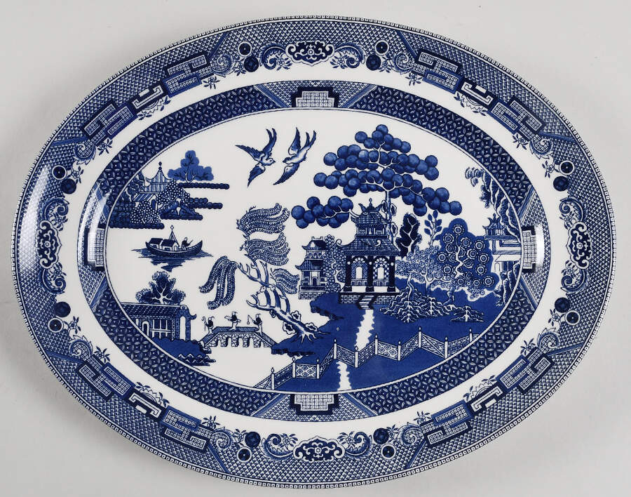 Willow Blue (Made in England, Earthenware, Newer) 13" Oval Serving Platter by Johnson Brothers-1