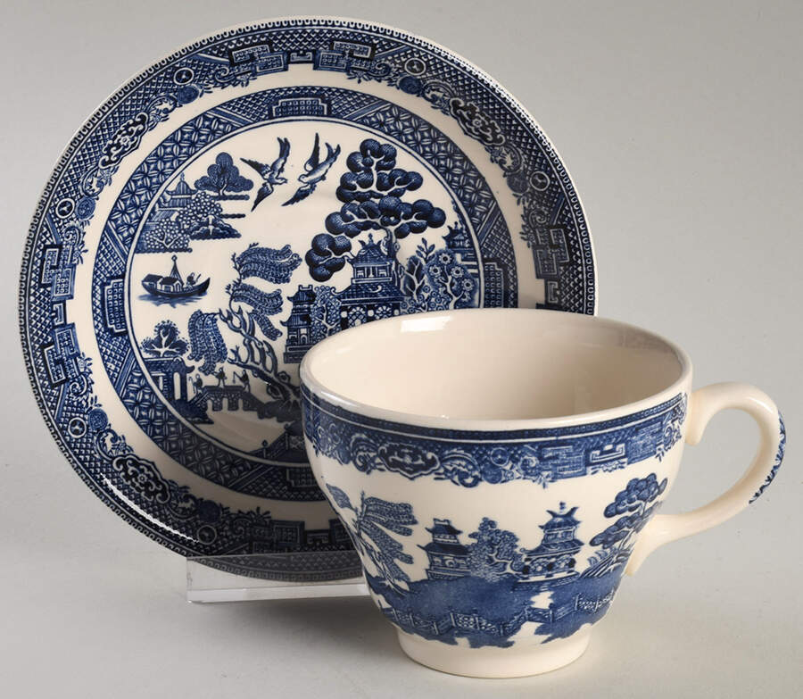 Willow Blue (Made in England, Earthenware, Newer) Flat Cup & Saucer Set by Johnson Brothers-1