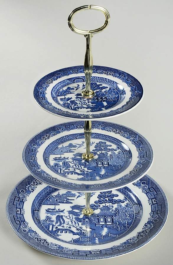 Willow Blue (Made in England, Earthenware, Newer) 3-Tiered Serving Tray (DP, SP, BB) by Johnson Brothers-1
