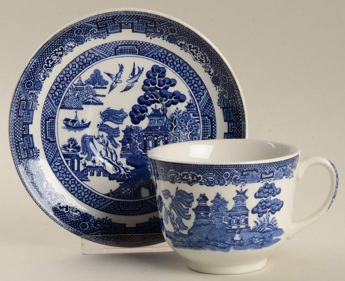 Willow Blue (Made in England, Earthenware, Newer) Flat Cup & Saucer Set by Johnson Brothers-1