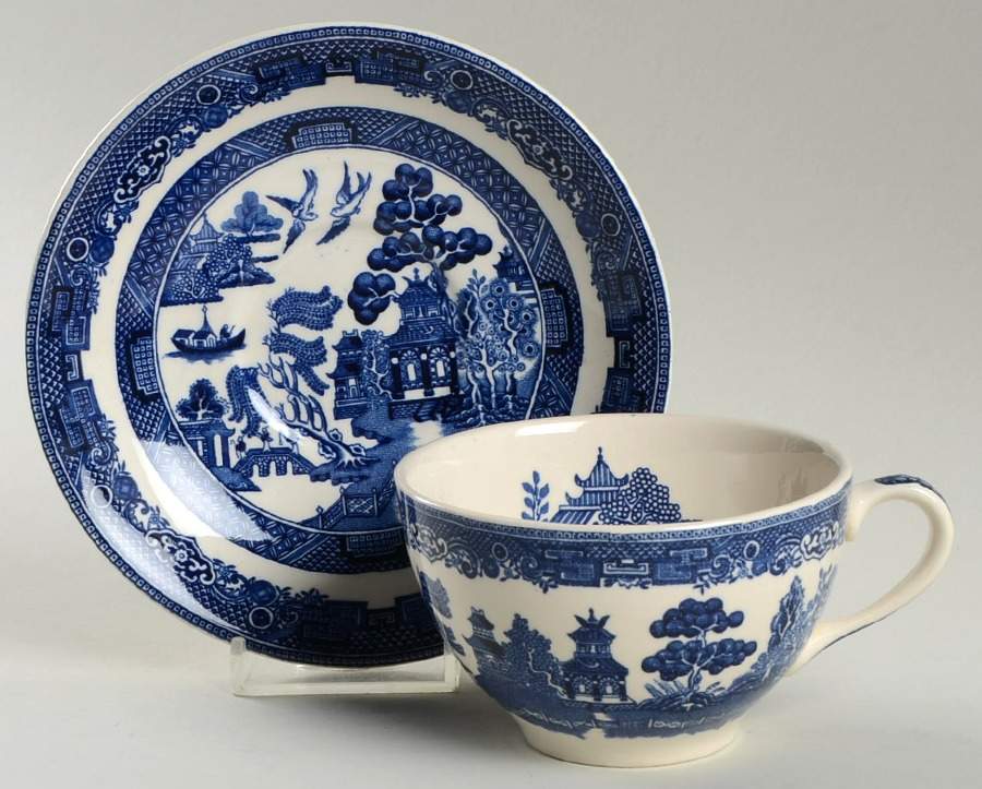 Willow Blue (Made in England, Earthenware, Newer) Flat Cup & Saucer Set by Johnson Brothers-1