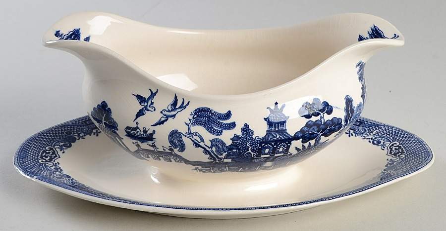 Willow Blue (Made in England, Earthenware, Newer) Gravy Boat with Attached Underplate by Johnson Brothers-1