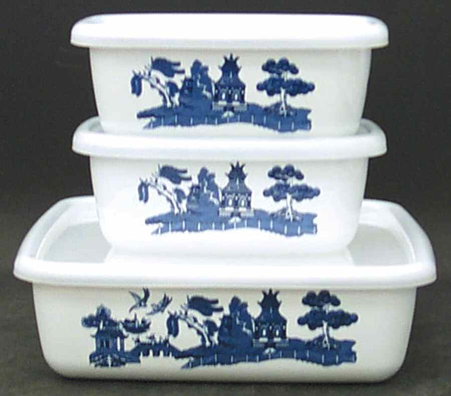 Willow Blue (Made in England, Earthenware, Newer) Metal Baker with Plastic Lid - Set of 3 by Johnson Brothers-1