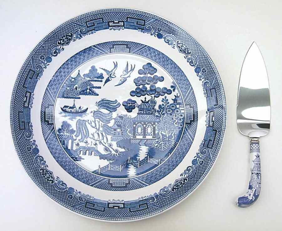 Willow Blue (Made in England, Earthenware, Newer) Cake Plate and Server (Boxed Set) by Johnson Brothers-1