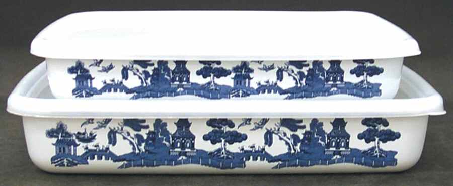 Willow Blue (Made in England, Earthenware, Newer) Rectangular Metal Baker with Plastic Lid - Set of 2 by Johnson Brothers-1