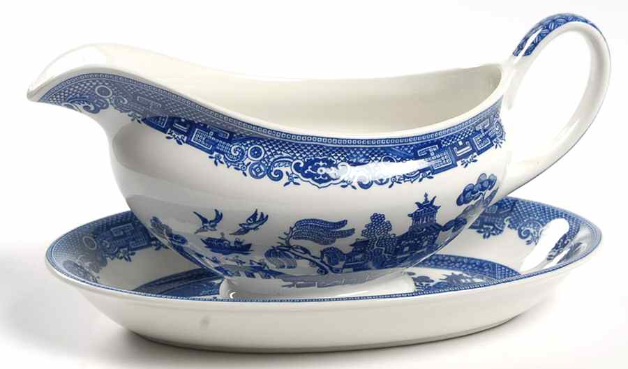 Willow Blue (Made in England, Earthenware, Newer) Gravy Boat & Underplate/Relish by Johnson Brothers-1