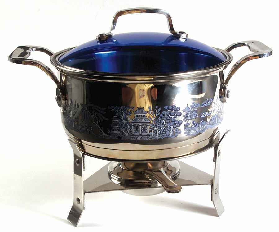 Willow Blue (Made in England, Earthenware, Newer) 3 Quart Metal Stew Pot W/Metal Stand & Burner by Johnson Brothers-1