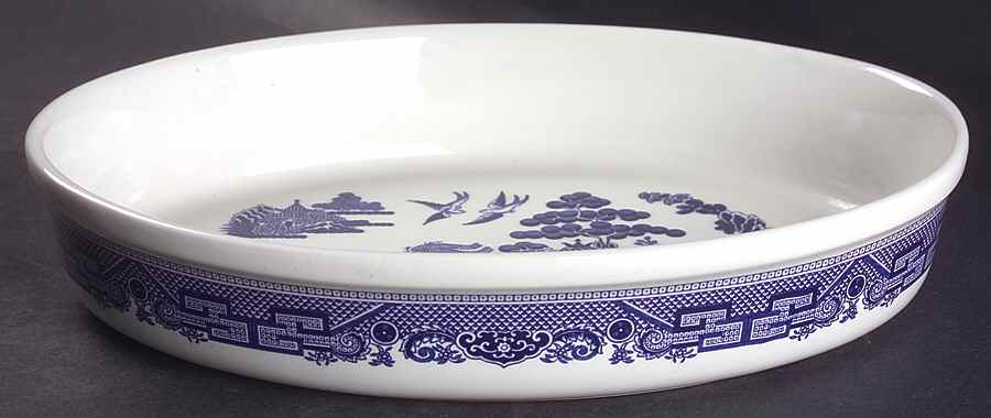 Willow Blue (Made in England, Earthenware, Newer) 12'' Oval Baker by Johnson Brothers-1