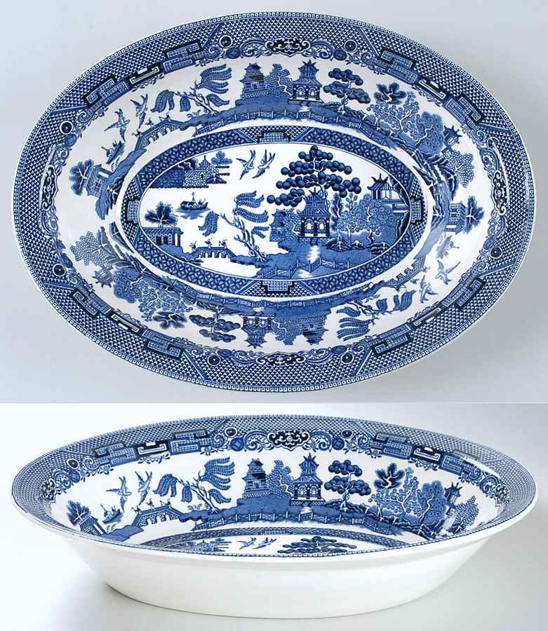 Willow Blue (Made in England, Earthenware, Newer) 10" Oval Vegetable Bowl by Johnson Brothers-1