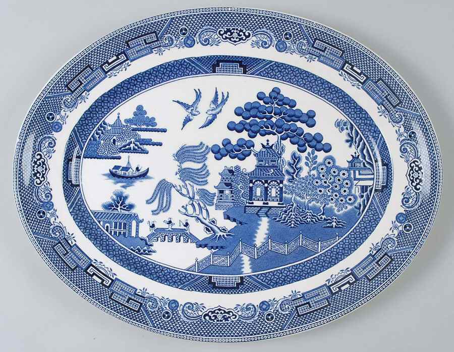 Willow Blue (Made in England, Earthenware, Newer) 14" Oval Serving Platter by Johnson Brothers-1