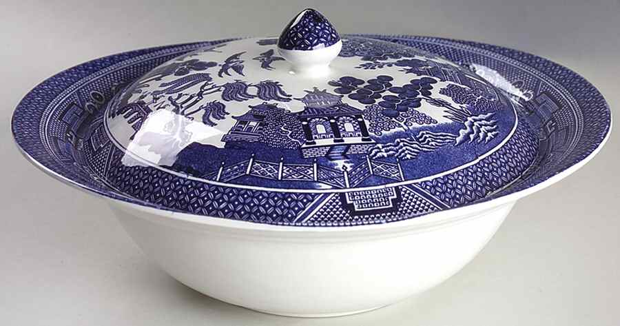 Willow Blue (Made in England, Earthenware, Newer) Round Covered Vegetable by Johnson Brothers-1