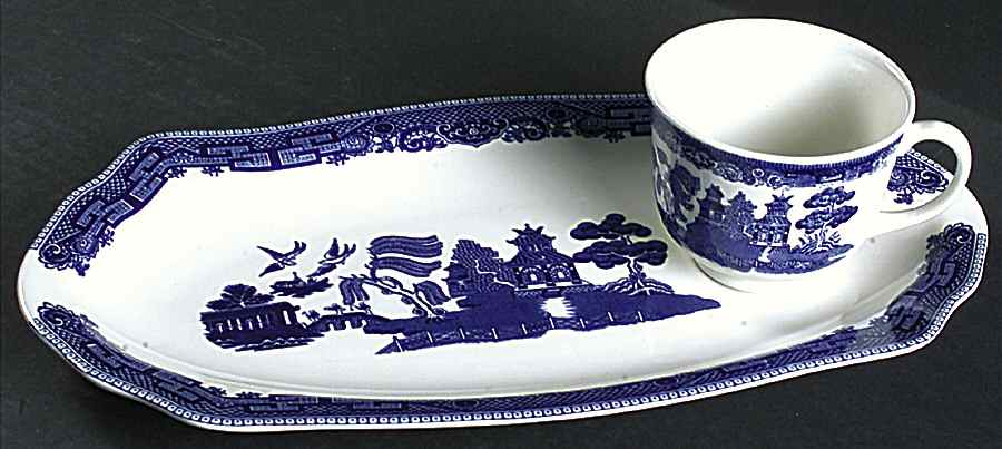 Willow Blue (Made in England, Earthenware, Newer) Tea & Toast Snack Plate & Cup Set by Johnson Brothers-1