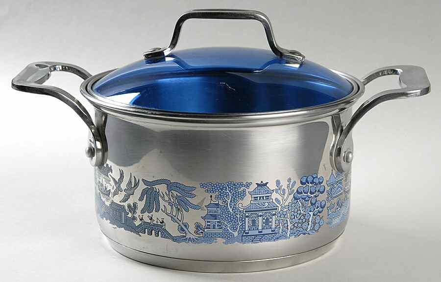 Willow Blue (Made in England, Earthenware, Newer) 2.5 Quart Metal Stew Pot by Johnson Brothers-1