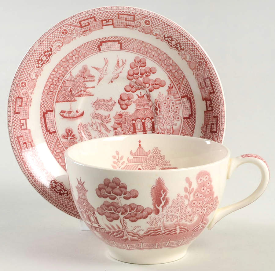 Willow Pink Red Oversized Cup & Saucer Set by Johnson Brothers-1