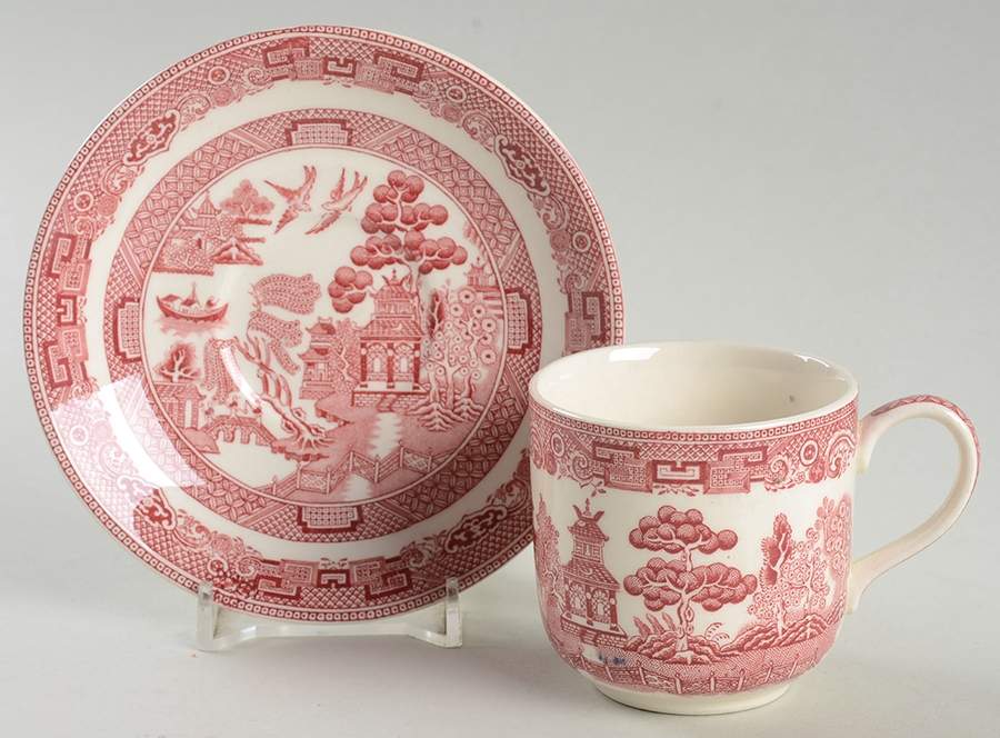 Willow Pink Red Flat Demitasse Cup & Saucer Set by Johnson Brothers-1