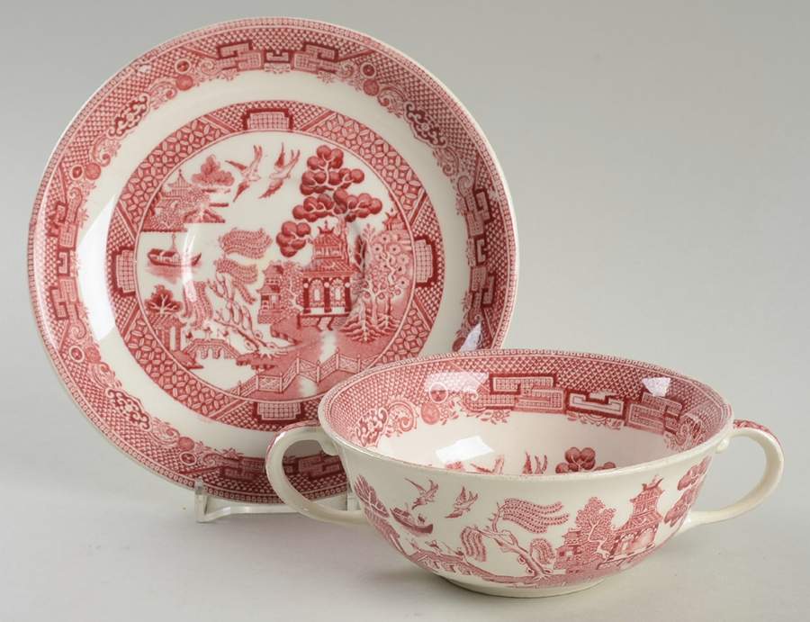 Willow Pink Red Flat Cream Soup Bowl & Saucer Set by Johnson Brothers-1