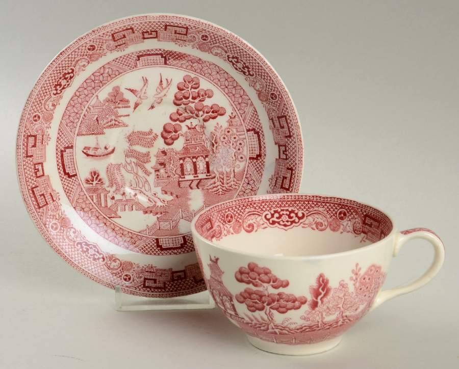 Willow Pink Red Flat Cup & Saucer Set by Johnson Brothers-1