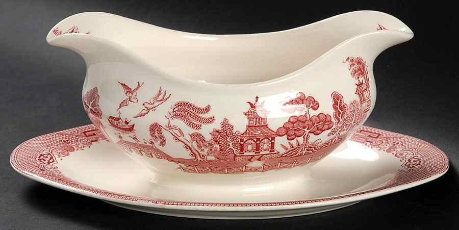 Willow Pink Red Gravy Boat with Attached Underplate by Johnson Brothers-1