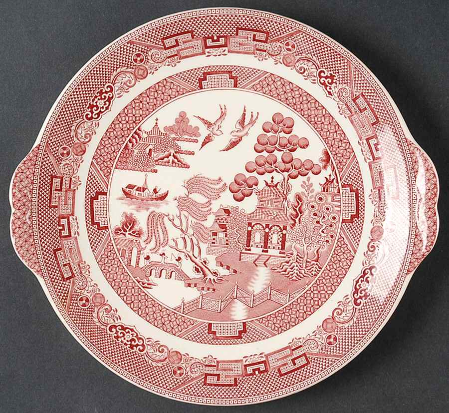 Willow Pink Red Handled Cake Plate by Johnson Brothers-1