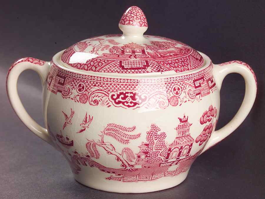 Willow Pink Red Sugar Bowl & Lid by Johnson Brothers-1