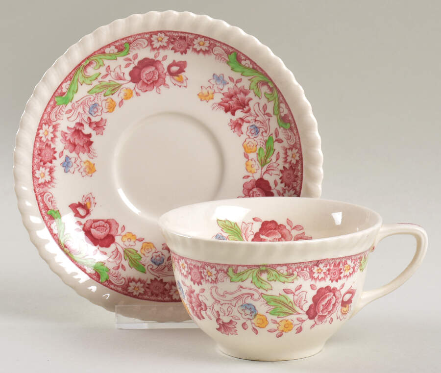 Winchester Pink (Rope Edge) Flat Cup & Saucer Set by Johnson Brothers-1