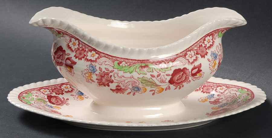 Winchester Pink (Rope Edge) Gravy Boat with Attached Underplate by Johnson Brothers-1