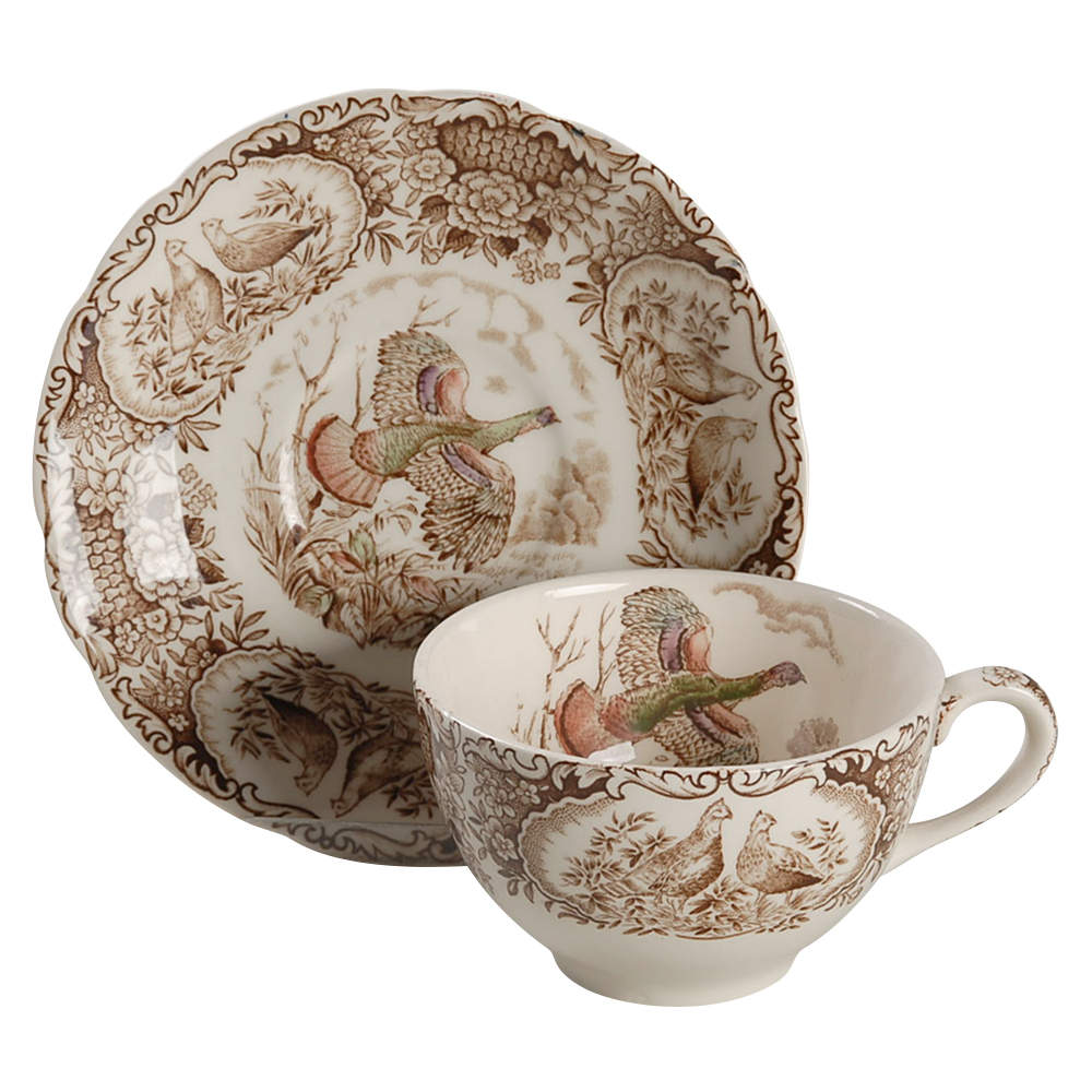 Wild Turkeys Brown (Native American) Flat Cup & Saucer Set by Johnson Brothers-1