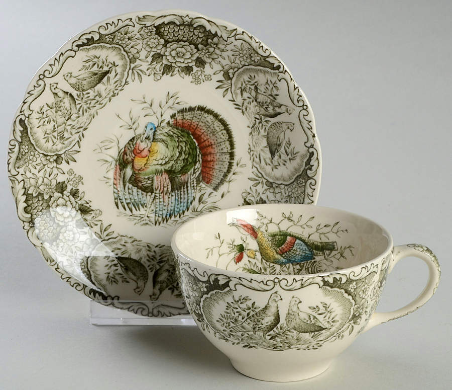 Woodland Wild Turkeys Green Multicolor Flat Cup & Saucer Set by Johnson Brothers-1