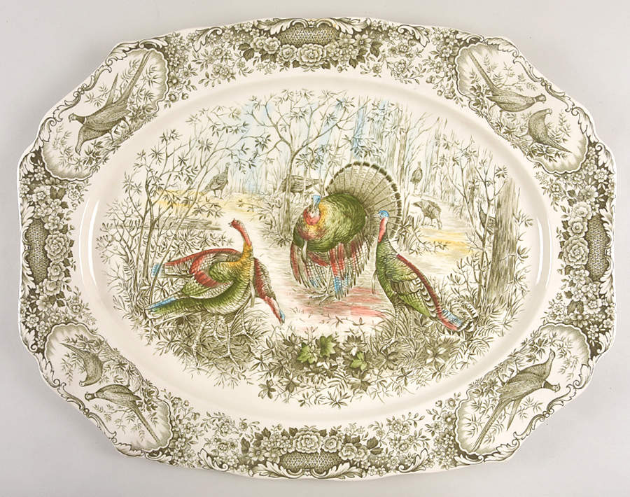 Woodland Wild Turkeys Green Multicolor 20" Oval Serving Platter by Johnson Brothers-1