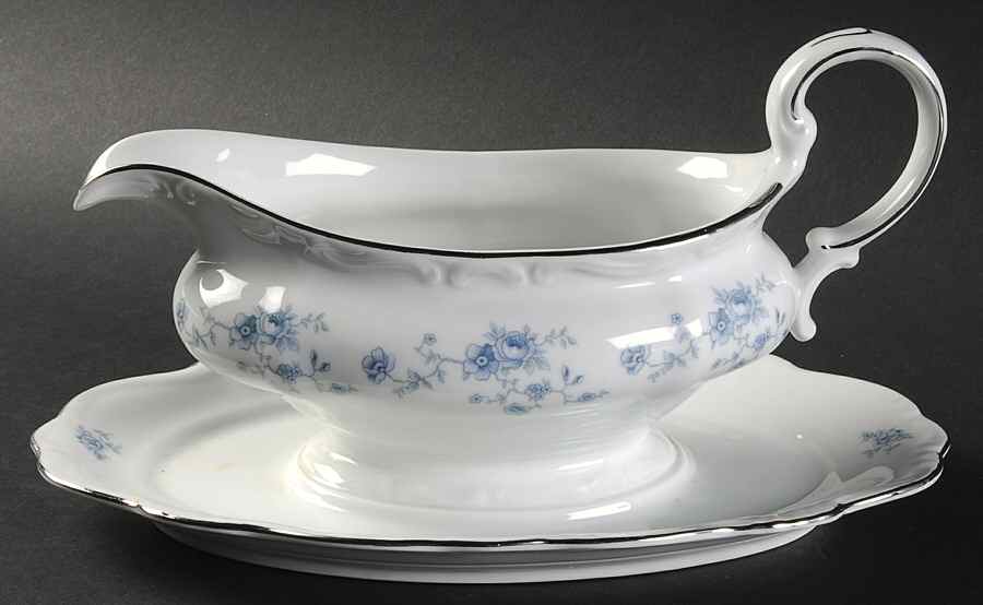 Blue Garland (Bavaria Backstamp) Gravy Boat with Attached Underplate by Johann Haviland-1